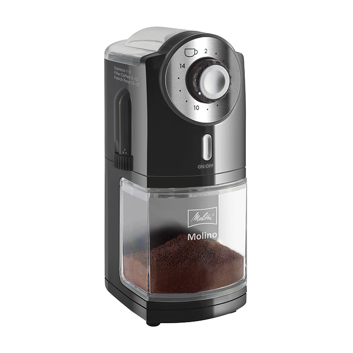 Melitta MOLINO Electric Coffee Grinder, Grinding Disc, 2-14 cups, 17 Settings, 200g Beans Container